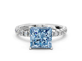 White gold Fancy Blue Princess Cut Diamond Pave Band Solitaire Ring with Round  and Prong Setting_129