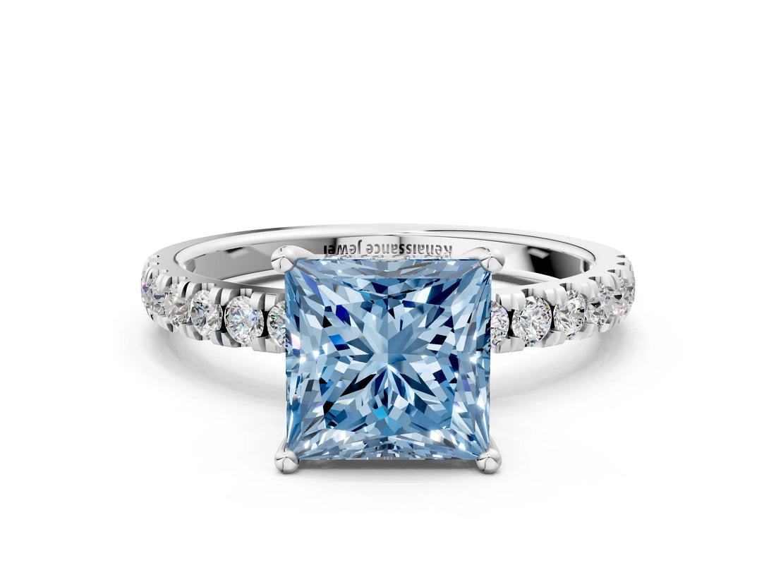 White gold Fancy Blue Princess Cut Diamond Pave Band Solitaire Ring with Round  and Prong Setting_130