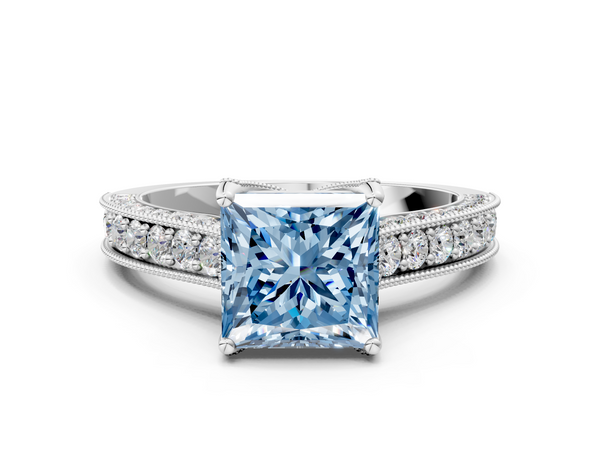 Platinum Fancy Blue Princess  Cut Diamond Solitaire Ring with Milgrain Pave Band and Four Prong Setting
