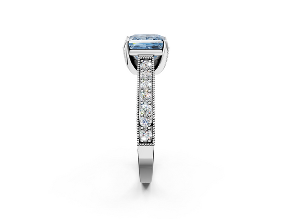 Platinum Fancy Blue Princess  Cut Diamond Solitaire Ring with Milgrain Pave Band and Four Prong Setting