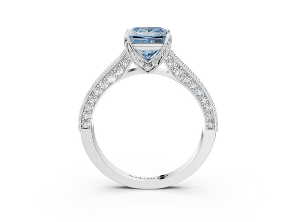 Platinum Fancy Blue Princess  Cut Diamond Solitaire Ring with Milgrain Pave Band and Four Prong Setting