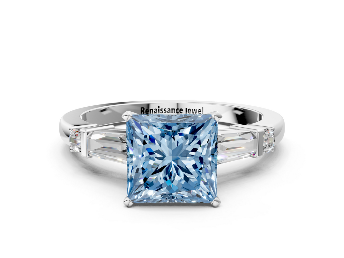White gold Fancy Blue Princess  Cut Diamond Ring with Baguette Side Stones, Channel Set Band, and Four-Prong Setting_3
