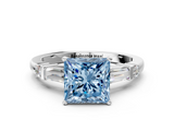White gold Fancy Blue Princess  Cut Diamond Ring with Baguette Side Stones, Channel Set Band, and Four-Prong Setting_3