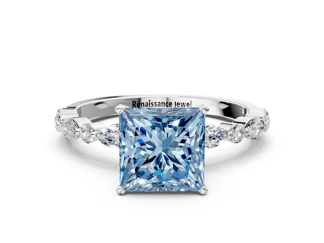White gold Fancy Blue Princess Cut Diamond Ring with Marquise and Round  Side Stones and Four-Prong Setting_52