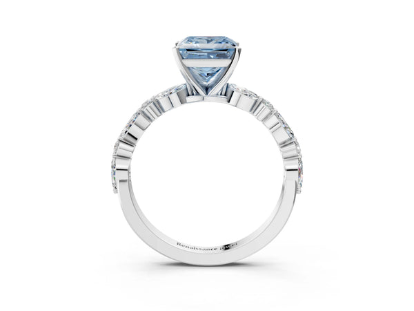 Sterling Silver Princess Cut Engagement Ring Setting for Fancy Blue Center with Marquise and Round Side Accents