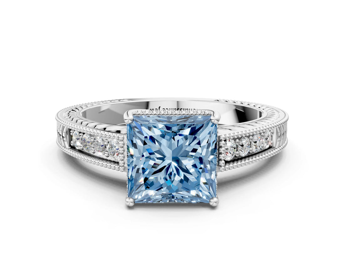 White gold Fancy Blue Princess Cut Diamond Ring with Milgrain Pavé Band and Four-Prong Setting_32