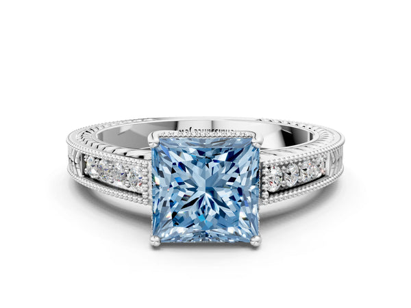 Platinum Fancy Blue Princess Cut Diamond Ring with Milgrain Pavé Band and Four-Prong Setting
