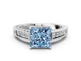 White gold Fancy Blue Princess Cut Diamond Ring with Milgrain Pavé Band and Four-Prong Setting_32