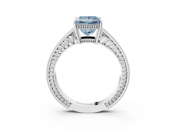 Platinum Fancy Blue Princess Cut Diamond Ring with Milgrain Pavé Band and Four-Prong Setting