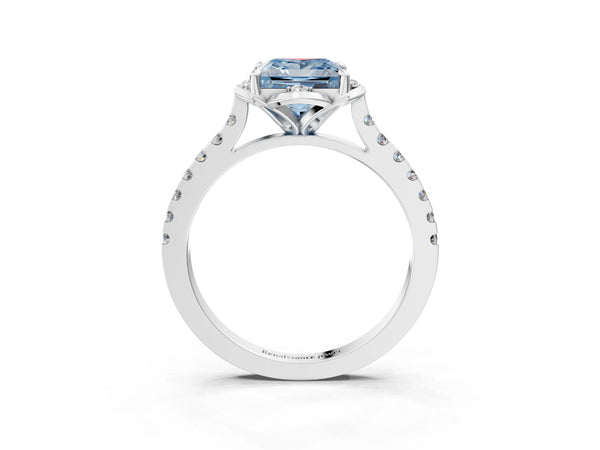 White Gold Princess Cut Floral Petal Pave Engagement Ring Setting for Fancy Blue Center