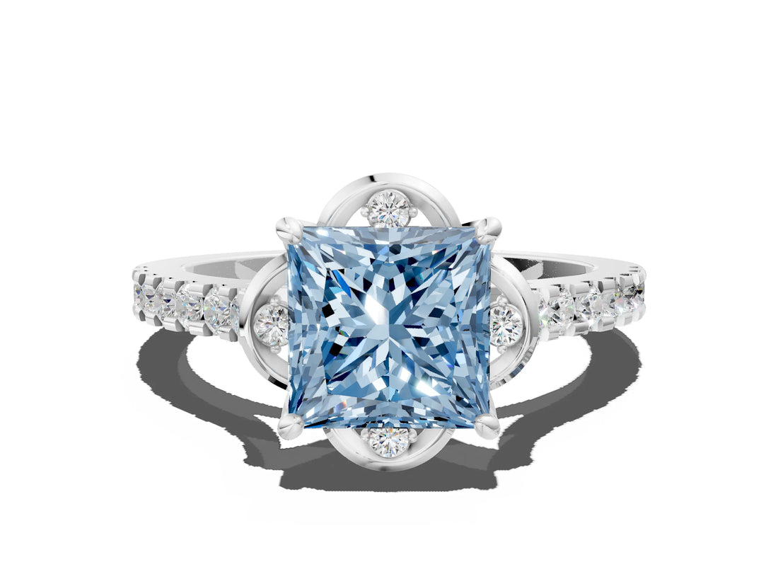 White gold Fancy Blue Princess Cut Diamond Ring with Pavé Band and Floral Prong Setting_87