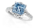 White gold Fancy Blue Princess Cut Diamond Ring with Pavé Band and Floral Prong Setting_88