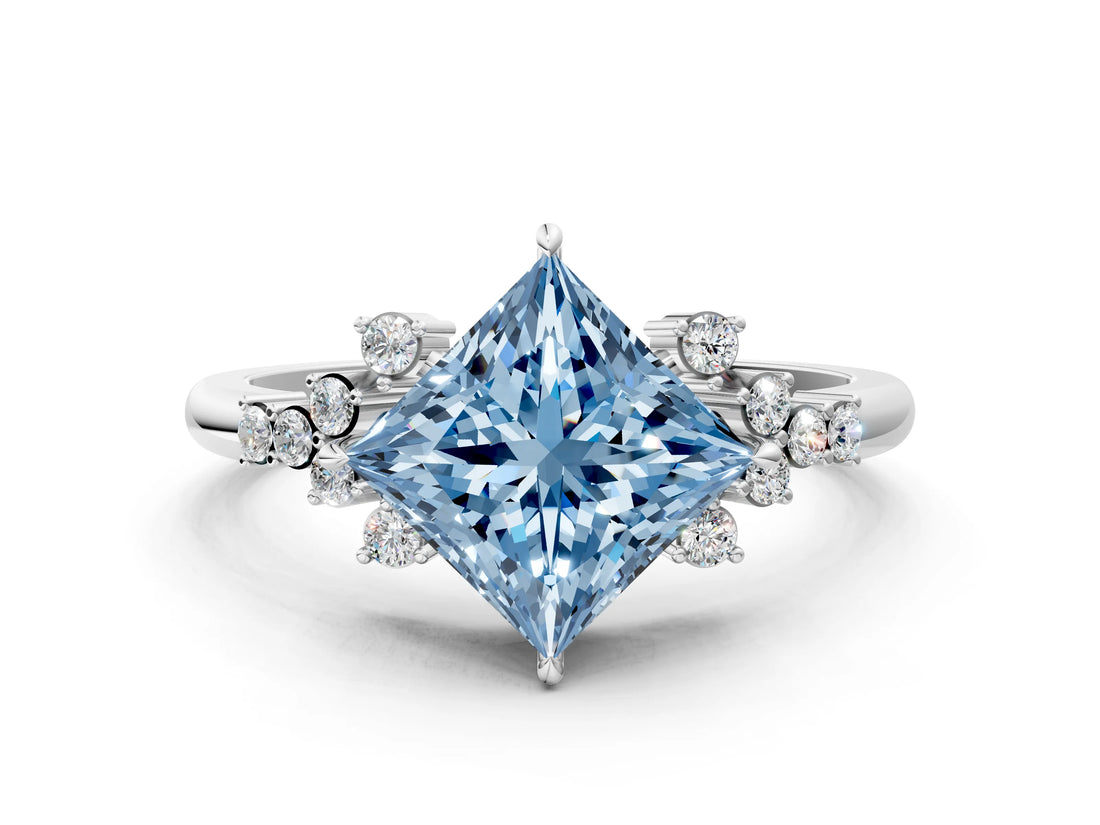 White gold Fancy Blue Princess Cut Diamond Ring with Side Stones and Four-Prong Setting_142