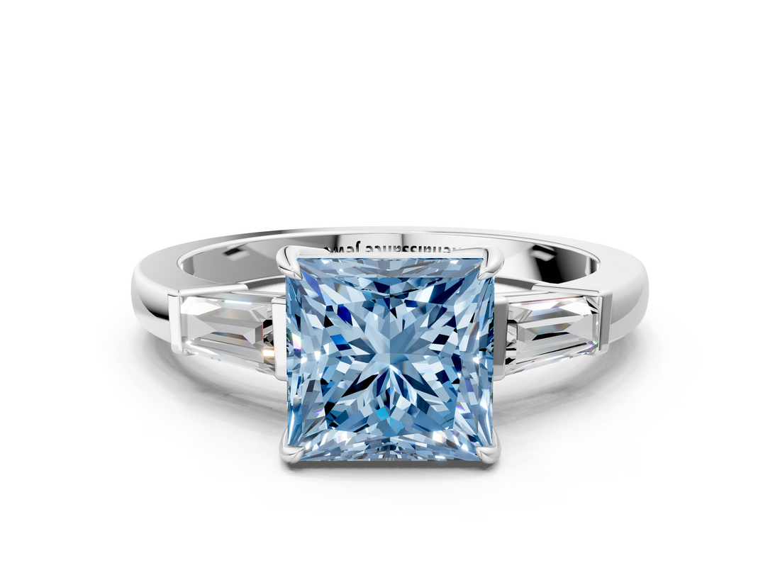 White gold Fancy Blue Princess  Cut Diamond Ring with Tapered Baguette Side Stones in Four-Prong Setting_3