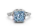White gold Fancy Blue Princess Cut Diamond Scalloped Halo Engagement Ring with Round Shared Prong Band_13