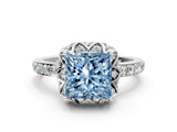 White gold Fancy Blue Princess Cut Diamond Scalloped Halo Engagement Ring with Round Shared Prong Band_19