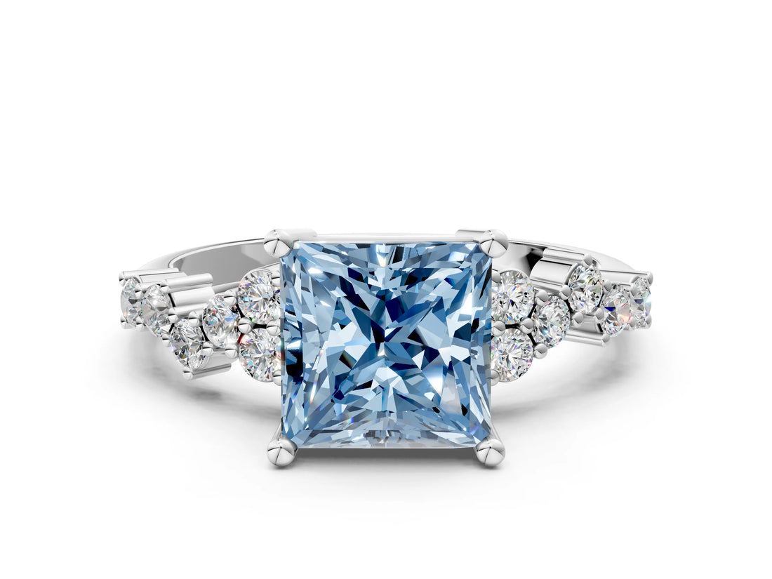 White gold Fancy Blue Princess Cut Diamond Scattered Round Accent Ring with Prong Setting_12