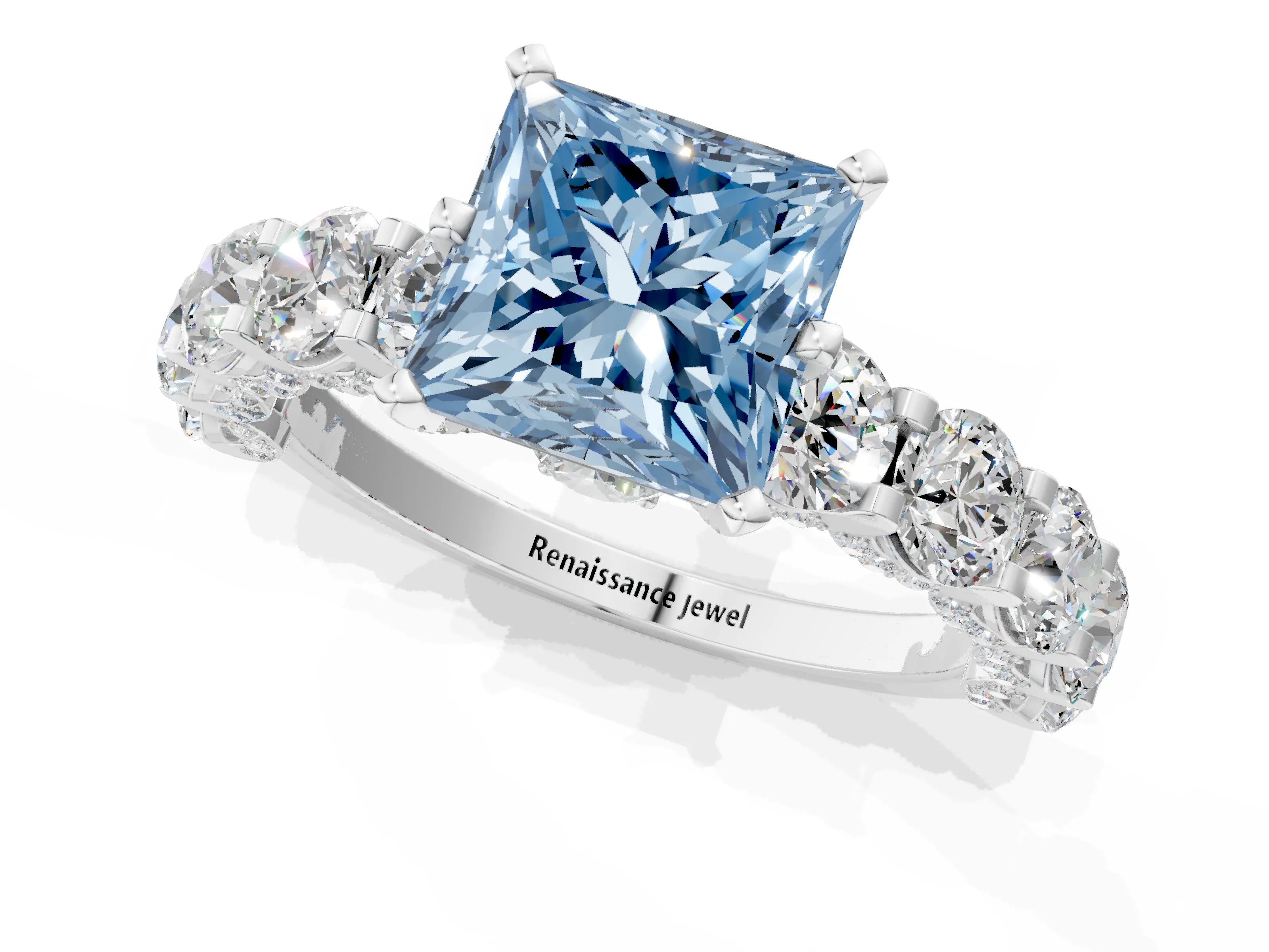 White gold Fancy Blue Princess Cut Diamond Side Stone Engagement Ring with Four-Prong Setting_25