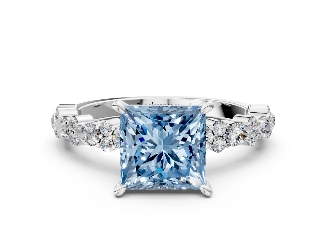 White gold Fancy Blue Princess Cut Diamond Side Stone Solitaire Ring with Round  and Four-Prong Setting_12