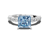 White gold Fancy Blue Princess Cut Diamond Side Stone Solitaire Ring with Round  and Four-Prong Setting_153