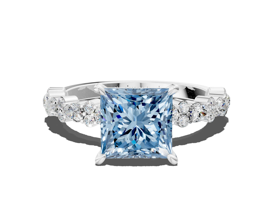 White gold Fancy Blue Princess Cut Diamond Side Stone Solitaire Ring with Round  and Four-Prong Setting_154