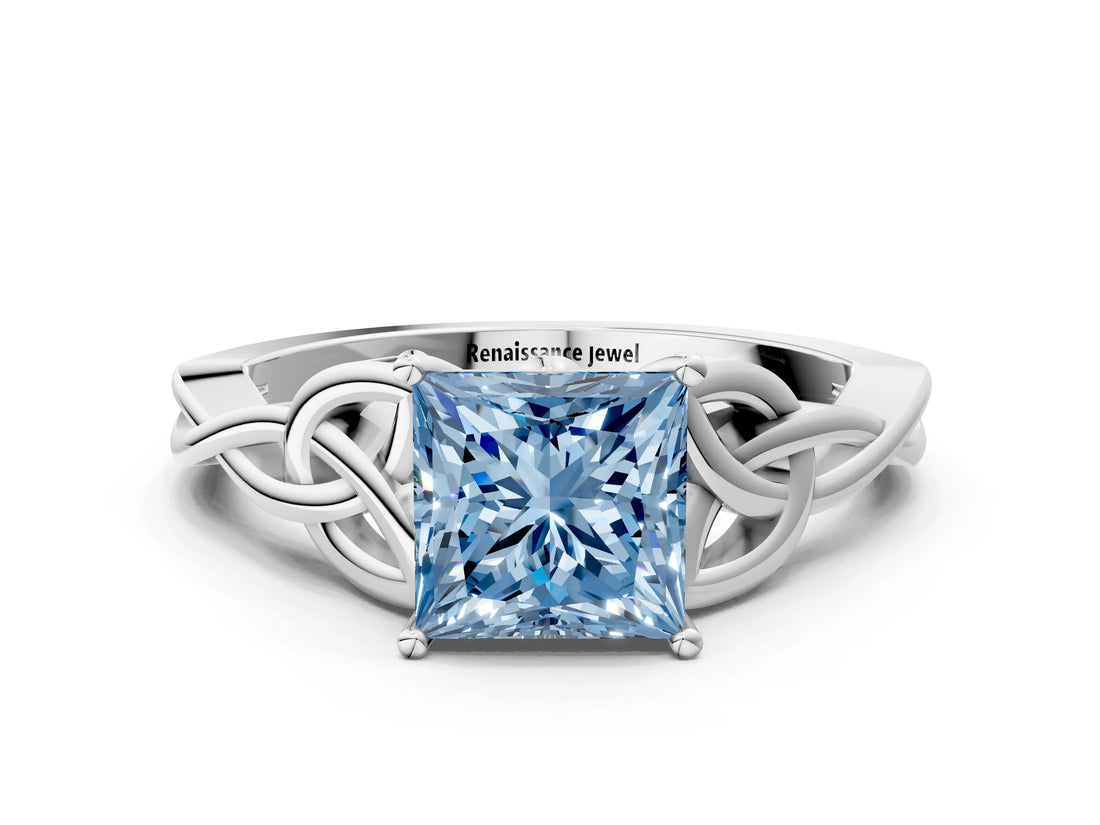 White gold Fancy Blue Princess Cut Diamond Solitaire Celtic Knot Ring with Four-Prong Setting_67