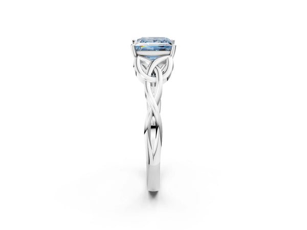White gold Fancy Blue Princess Cut Diamond Solitaire Celtic Knot Ring with Four-Prong Setting