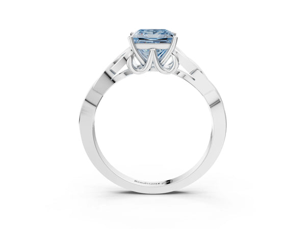 White gold Fancy Blue Princess Cut Diamond Solitaire Celtic Knot Ring with Four-Prong Setting