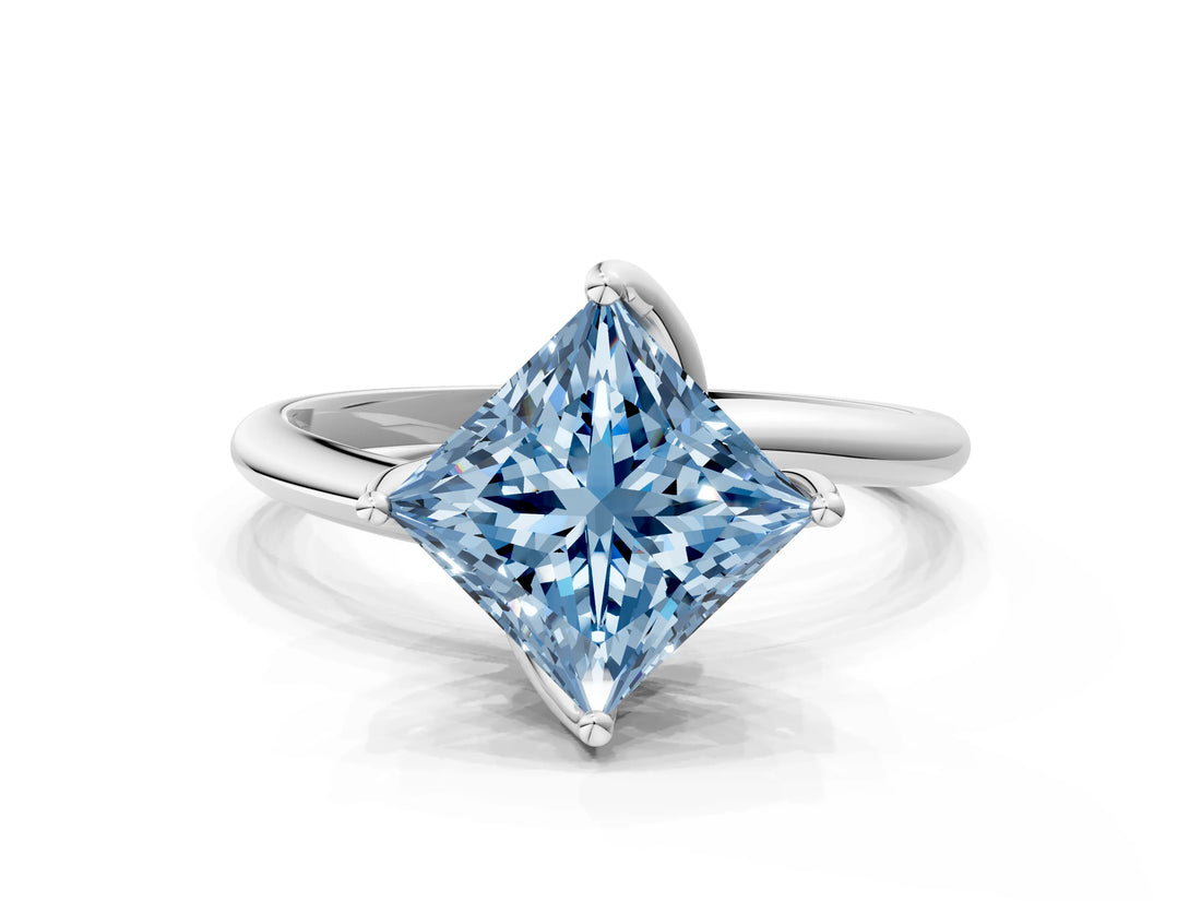 White gold Fancy Blue Princess Cut Diamond Solitaire Engagement Ring with Four-Prong Setting and Classic Band_32