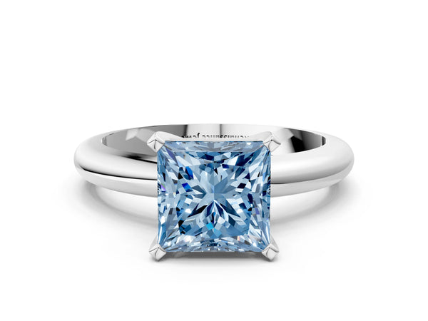 White gold Fancy Blue Princess Cut Diamond Solitaire Engagement Ring with Round Band and Four-Prong Setting