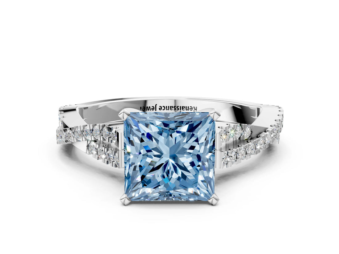 White gold Fancy Blue Princess Cut Diamond Solitaire Engagement Ring with Twisted Pavé Band and Four-Prong Setting_80