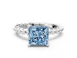 White gold Fancy Blue Princess Cut Diamond Solitaire Ring with Beaded Band and Prong Setting_396