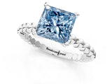 White gold Fancy Blue Princess Cut Diamond Solitaire Ring with Beaded Band and Prong Setting_397