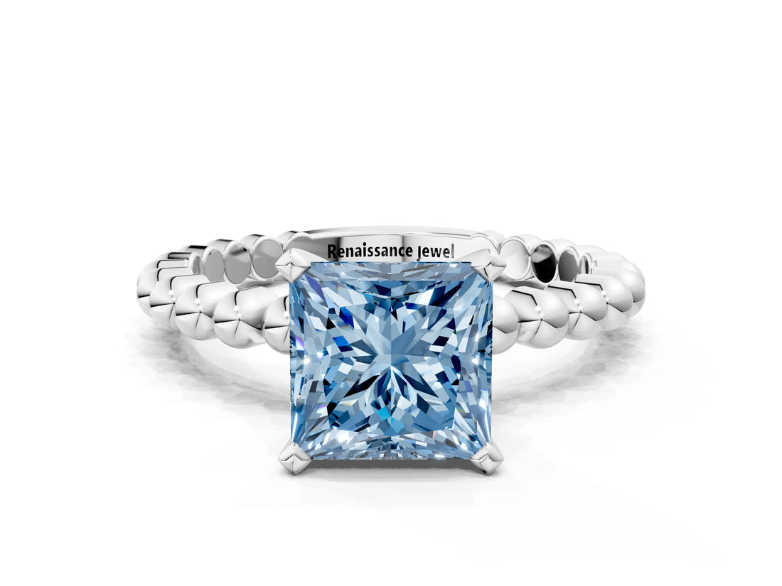 White gold Fancy Blue Princess Cut Diamond Solitaire Ring with Beaded Band and Prong Setting_397