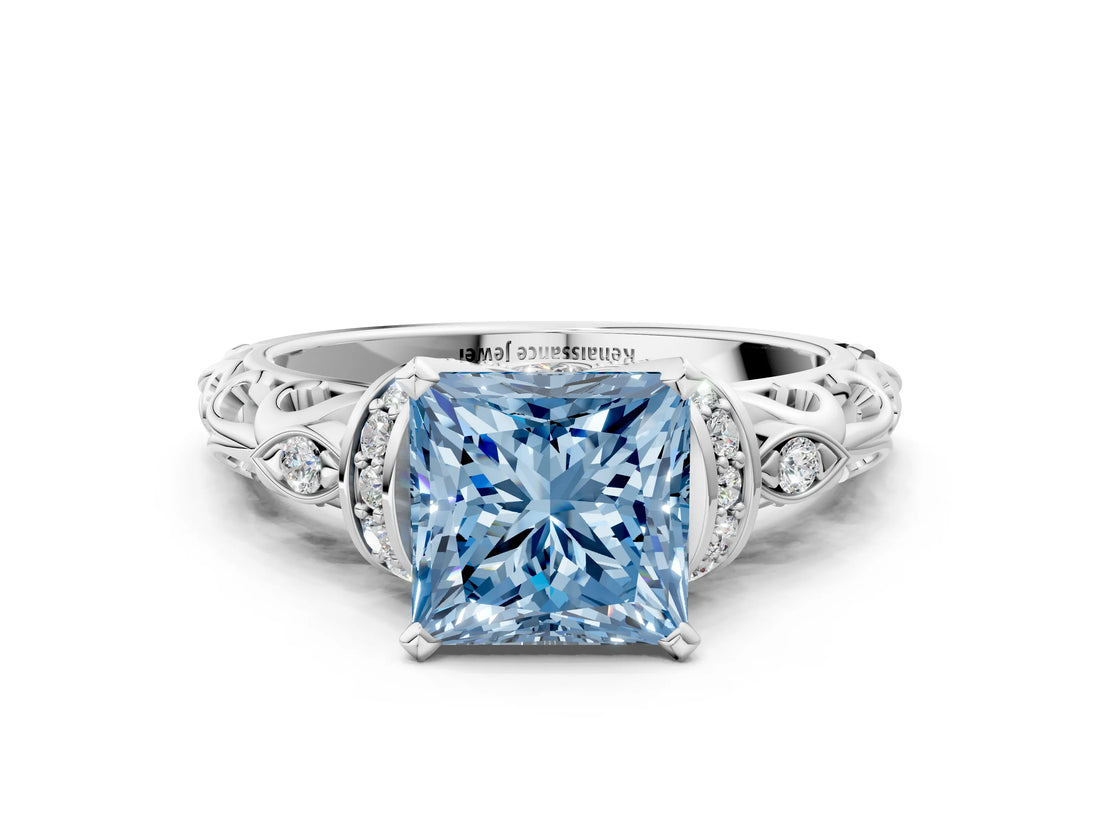 White gold Fancy Blue Princess Cut Diamond Solitaire Ring with Filigree Band and Four-Prong Setting_93