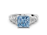 White gold Fancy Blue Princess Cut Diamond Solitaire Ring with Filigree Band and Four-Prong Setting_94
