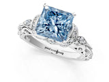 White gold Fancy Blue Princess Cut Diamond Solitaire Ring with Filigree Band and Four-Prong Setting_95