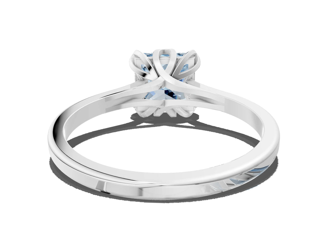 White gold Fancy Blue Princess Cut Diamond Solitaire Ring with Flower Prong Setting and Classic Band_160
