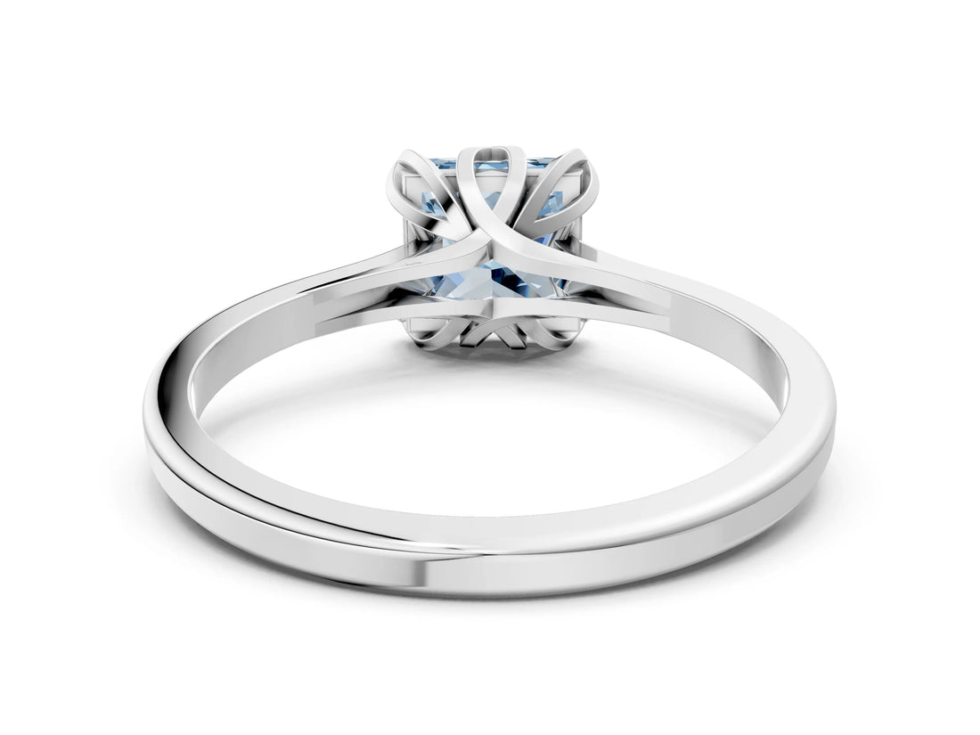White gold Fancy Blue Princess Cut Diamond Solitaire Ring with Flower Prong Setting and Classic Band_172