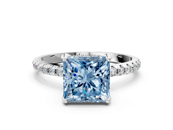 Platinum Fancy Blue Princess Cut Diamond Solitaire Ring with Four-Prong Setting and Pavé Band
