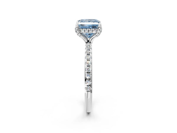 Platinum Fancy Blue Princess Cut Diamond Solitaire Ring with Four-Prong Setting and Pavé Band