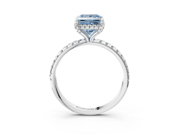 Platinum Fancy Blue Princess Cut Diamond Solitaire Ring with Four-Prong Setting and Pavé Band