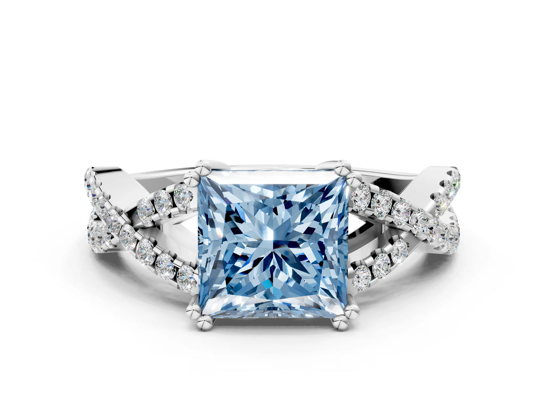 White gold Fancy Blue Princess Cut Diamond Solitaire Ring with Four-Prong Setting and Twisted Pavé Band_48