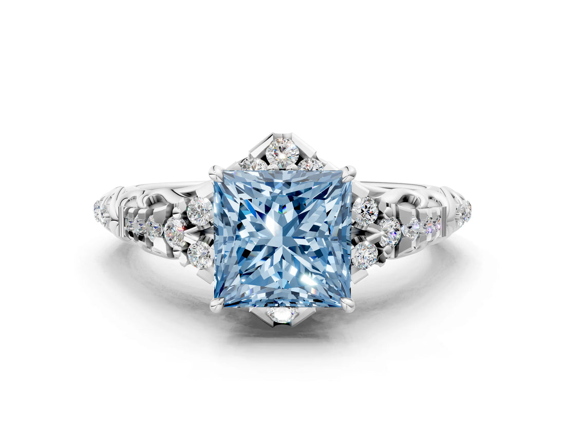 White gold Fancy Blue Princess Cut Diamond Solitaire Ring with Hidden Halo and Pavé Band_39