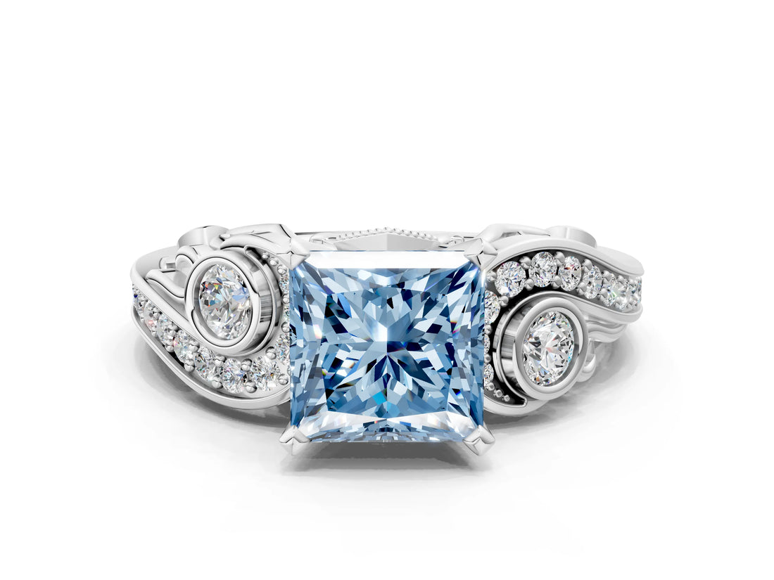 White gold Fancy Blue Princess Cut Diamond Solitaire Ring with Milgrain Pavé Band and Four-Prong Setting_242