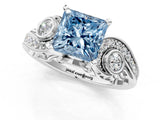 White gold Fancy Blue Princess Cut Diamond Solitaire Ring with Milgrain Pavé Band and Four-Prong Setting_243