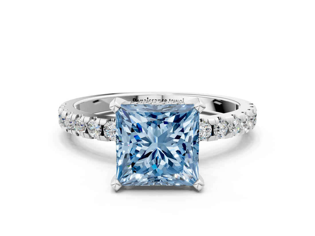 White gold Fancy Blue Princess Cut Diamond Solitaire Ring with Pavé Band and Four-Prong Setting_69