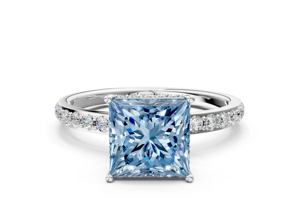 White gold Fancy Blue Princess Cut Diamond Solitaire Ring with Pavé Band and Hidden Halo