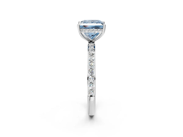 White gold Fancy Blue Princess Cut Diamond Solitaire Ring with Pavé Band and Hidden Halo