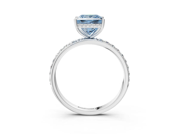 White gold Fancy Blue Princess Cut Diamond Solitaire Ring with Pavé Band and Hidden Halo
